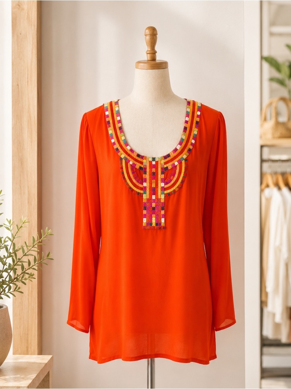 Trina Turk Vibrant Orange Embroidered Scoop Tunic